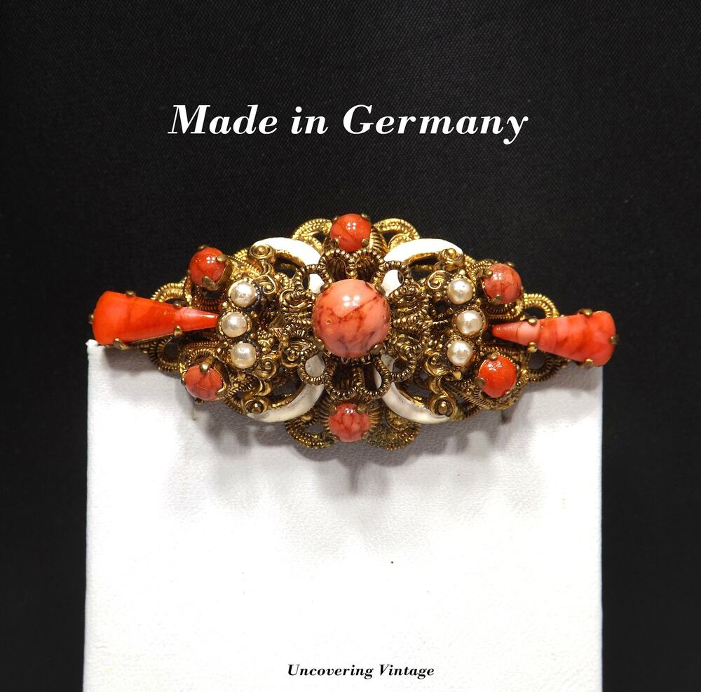Germany Orange Art Glass Filigree Brooch, Faux Pearls, White Enamel, 1940s